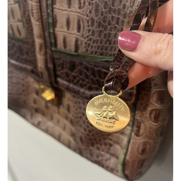 BRAHMIN Purse Croc Embossed Leather Shoulder Handbag Brown Green Chain Turn Lock - Picture 4 of 16